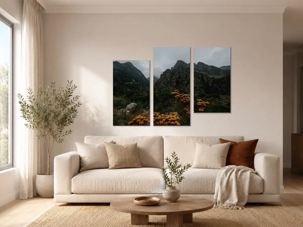 Mlhavé horské údolí s divokými květy – Třídílný obraz C, 90 × 60 cm