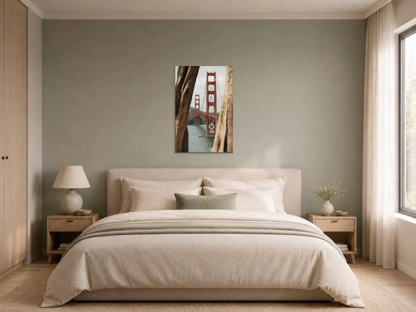 Golden Gate Bridge mezi kmeny stromů – Jednodílný obraz, 40 × 60 cm
