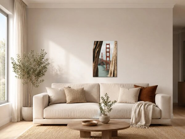 Golden Gate Bridge mezi kmeny stromů – Jednodílný obraz, 40 × 60 cm