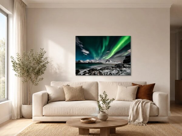 Polární záře nad zimním pobřežím – Jednodílný obraz, 70 × 50 cm