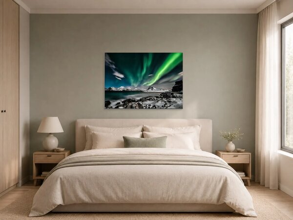 Polární záře nad zimním pobřežím – Jednodílný obraz, 70 × 50 cm