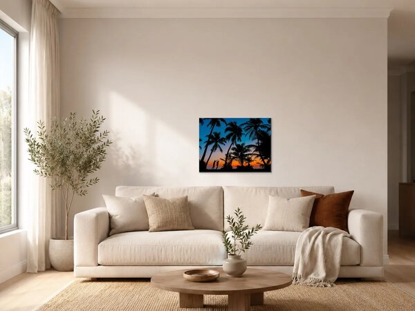 Silueta páru mezi palmami při západu slunce – Jednodílný obraz, 40 × 30 cm