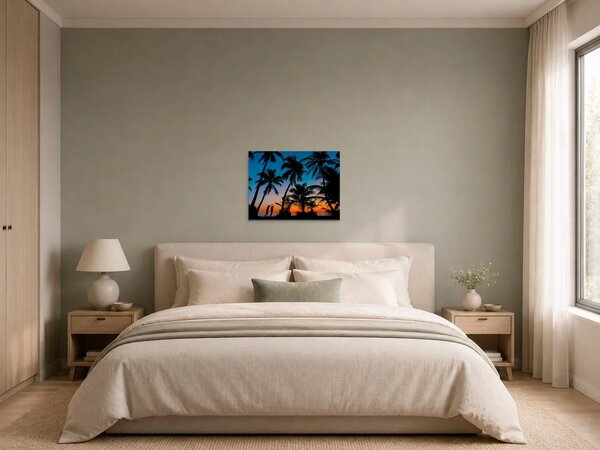 Silueta páru mezi palmami při západu slunce – Jednodílný obraz, 40 × 30 cm