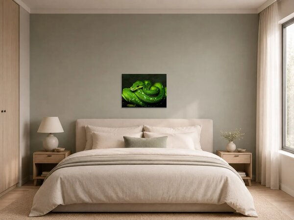 Zelený stromový had v detailu – Jednodílný obraz, 60 × 40 cm