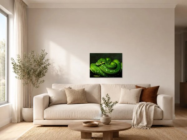 Zelený stromový had v detailu – Jednodílný obraz, 60 × 40 cm