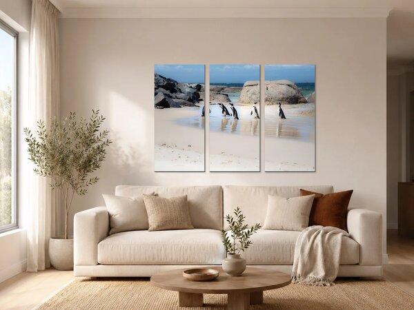 Tučňáci na skalnatém pobřeží – Třídílný obraz A, 90 × 60 cm