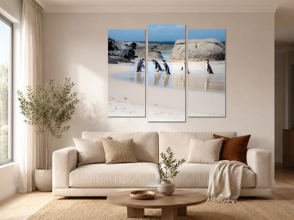 Tučňáci na skalnatém pobřeží – Třídílný obraz B, 120 × 100 cm