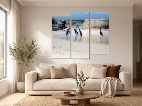 Tučňáci na skalnatém pobřeží – Třídílný obraz C, 120 × 100 cm