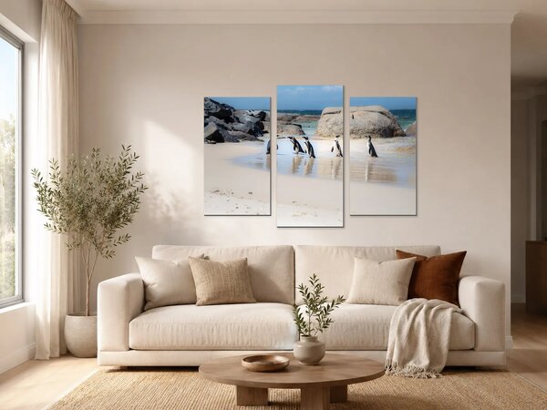 Tučňáci na skalnatém pobřeží – Třídílný obraz B, 90 × 60 cm