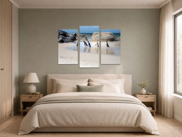 Tučňáci na skalnatém pobřeží – Třídílný obraz B, 90 × 60 cm