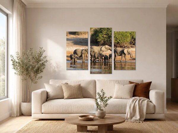 Stádo slonů u napajedla – Třídílný obraz B, 90 × 60 cm