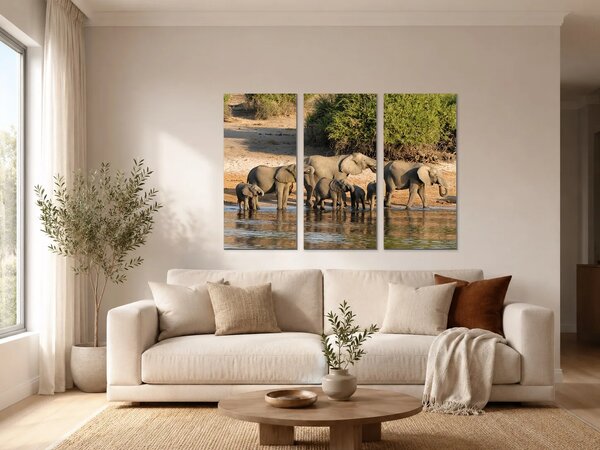 Stádo slonů u napajedla – Třídílný obraz A, 90 × 60 cm