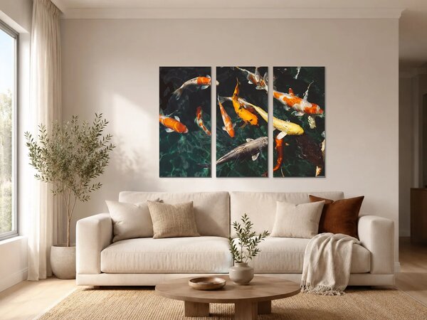 Koi kapři v temném jezírku – Třídílný obraz A, 90 × 60 cm