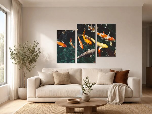 Koi kapři v temném jezírku – Třídílný obraz C, 90 × 60 cm