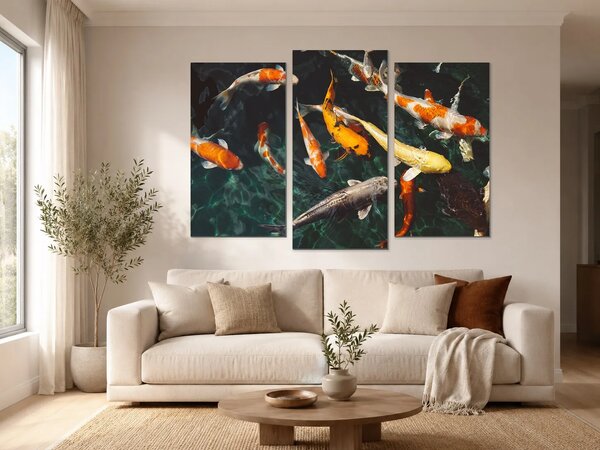 Koi kapři v temném jezírku – Třídílný obraz B, 120 × 80 cm