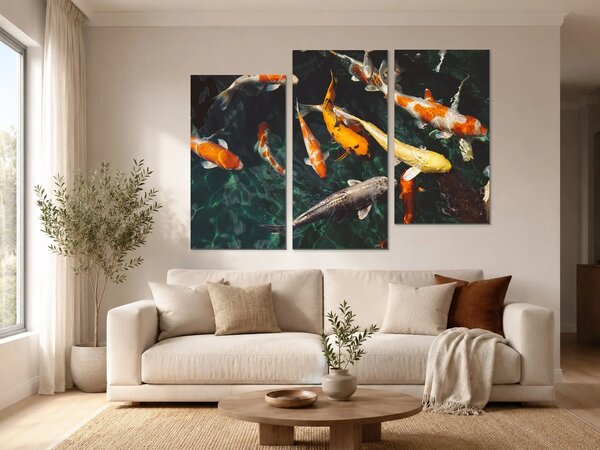 Koi kapři v temném jezírku – Třídílný obraz C, 120 × 80 cm