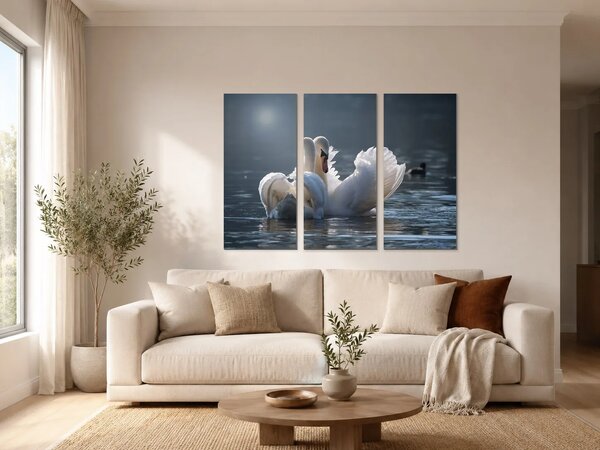 Labutí pár na klidné hladině – Třídílný obraz A, 90 × 60 cm