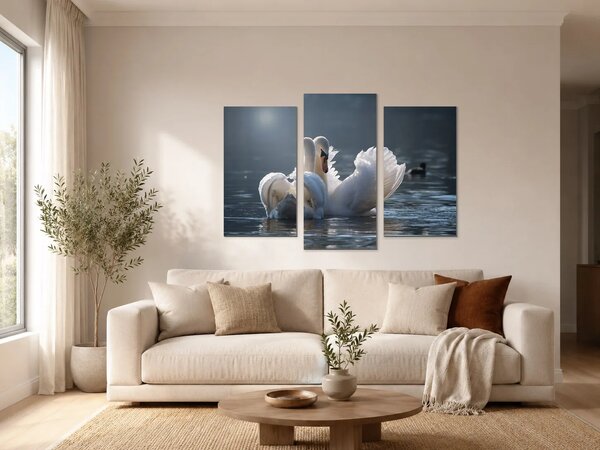 Labutí pár na klidné hladině – Třídílný obraz B, 90 × 60 cm