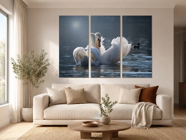 Labutí pár na klidné hladině – Třídílný obraz A, 120 × 80 cm