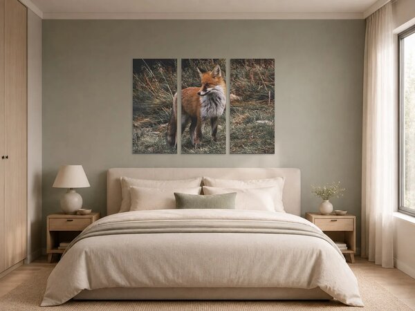 Liška ve vysoké trávě – Třídílný obraz A, 90 × 60 cm