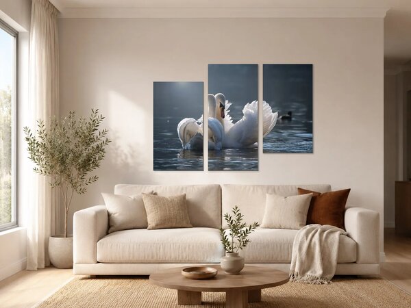Labutí pár na klidné hladině – Třídílný obraz C, 90 × 60 cm