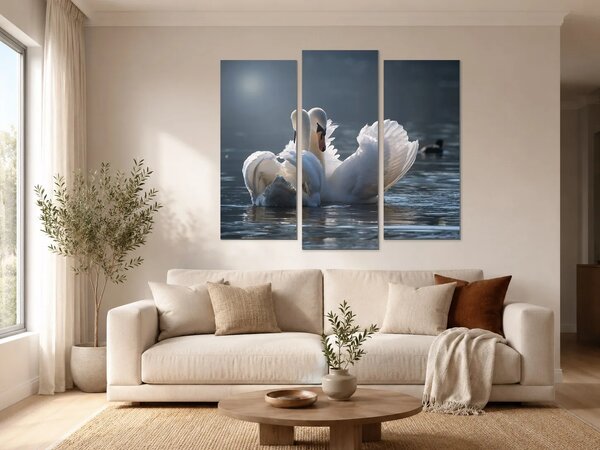 Labutí pár na klidné hladině – Třídílný obraz B, 120 × 100 cm