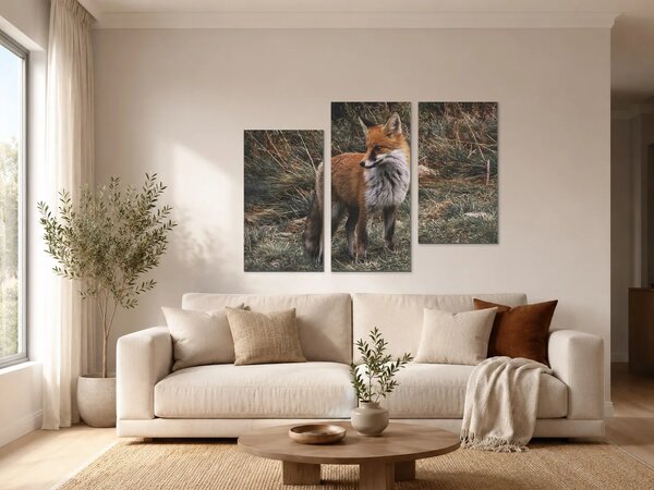 Liška ve vysoké trávě – Třídílný obraz C, 90 × 60 cm
