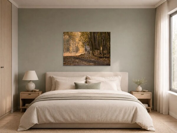 Jelen v podzimním lese – Jednodílný obraz, 70 × 50 cm