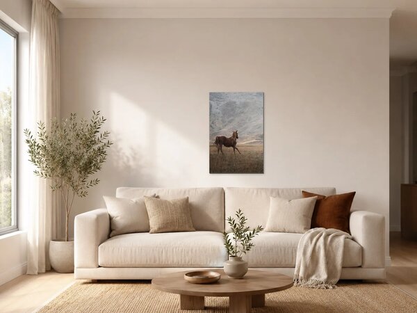 Hnědý kůň v horské krajině – Jednodílný obraz, 30 × 40 cm