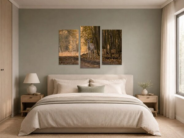 Jelen v podzimním lese – Třídílný obraz B, 90 × 60 cm