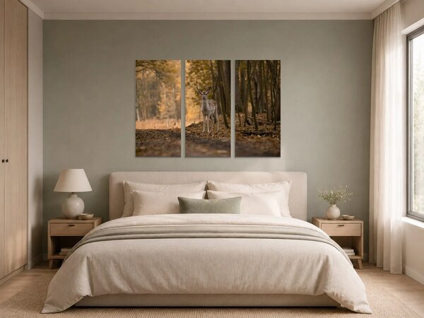 Jelen v podzimním lese – Třídílný obraz A, 90 × 60 cm