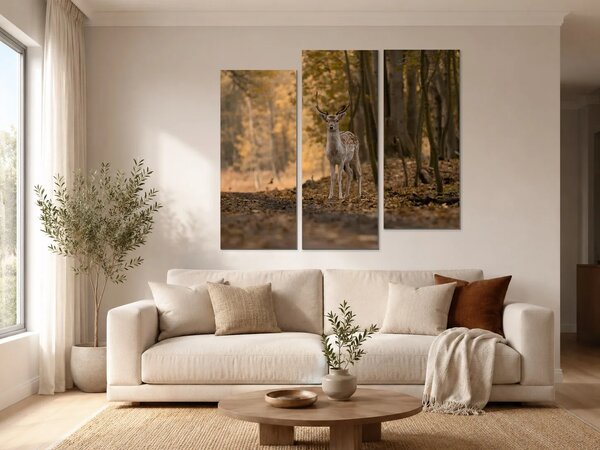 Jelen v podzimním lese – Třídílný obraz C, 120 × 100 cm