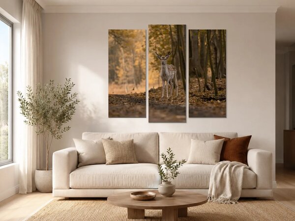 Jelen v podzimním lese – Třídílný obraz B, 120 × 100 cm