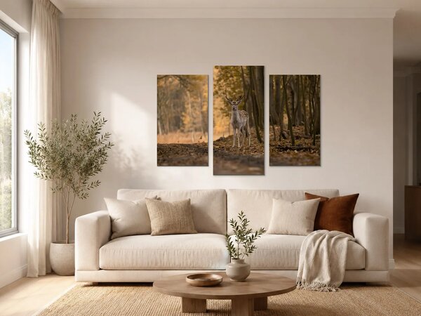 Jelen v podzimním lese – Třídílný obraz B, 90 × 60 cm