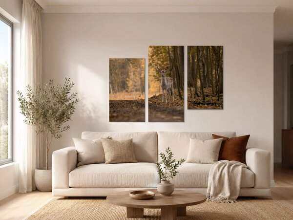 Jelen v podzimním lese – Třídílný obraz C, 90 × 60 cm