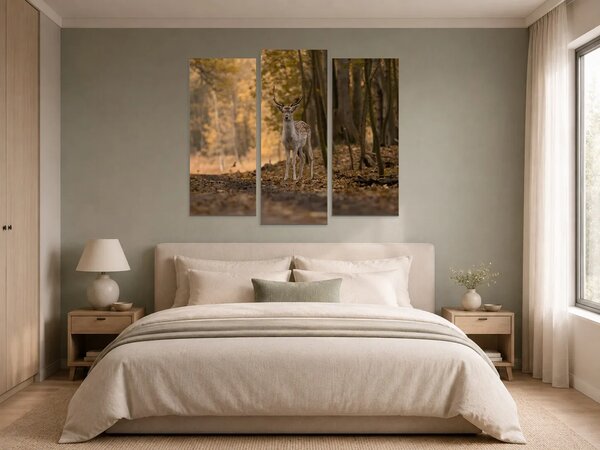 Jelen v podzimním lese – Třídílný obraz B, 120 × 100 cm