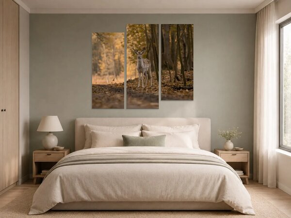 Jelen v podzimním lese – Třídílný obraz C, 120 × 100 cm