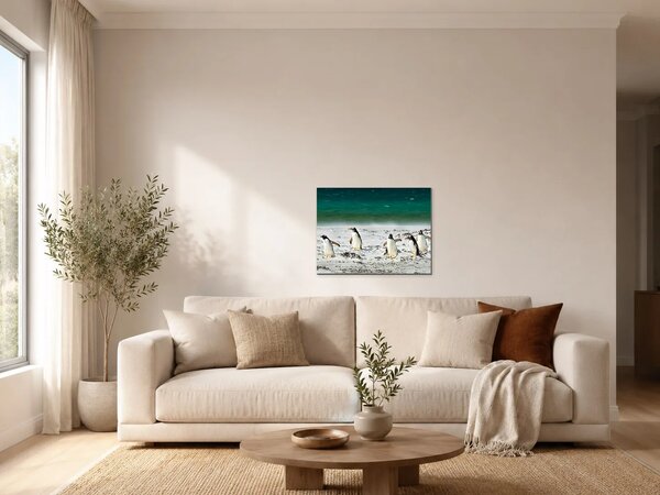 Pět tučňáků na pobřeží – Jednodílný obraz, 40 × 30 cm