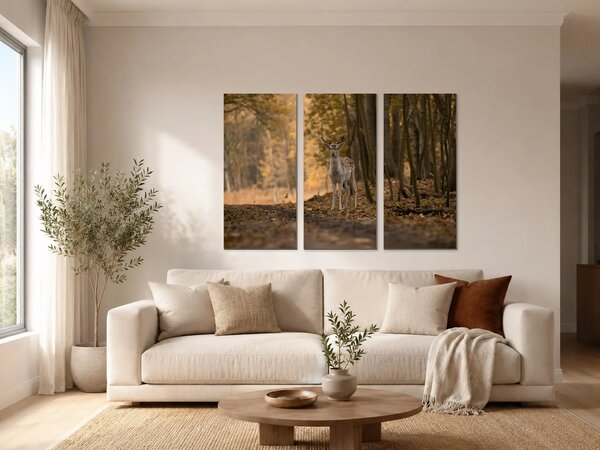 Jelen v podzimním lese – Třídílný obraz A, 90 × 60 cm