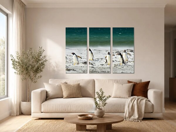 Pět tučňáků na pobřeží – Třídílný obraz A, 90 × 60 cm