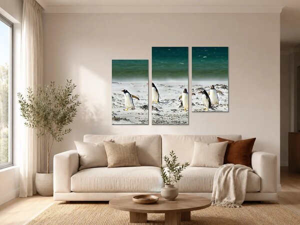 Pět tučňáků na pobřeží – Třídílný obraz C, 90 × 60 cm