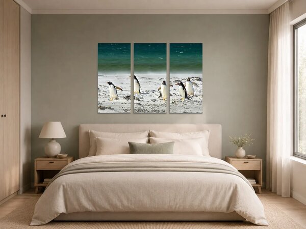 Pět tučňáků na pobřeží – Třídílný obraz A, 90 × 60 cm