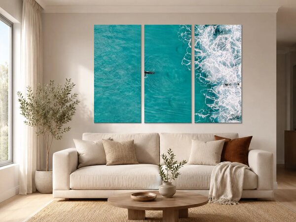 Surfaři v tyrkysových vlnách – Třídílný obraz A, 120 × 80 cm