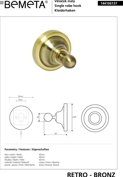 Bemeta Design RETRO bronz: Háček - 144106137