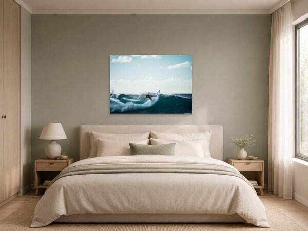 Surfař na tyrkysové vlně – Jednodílný obraz, 70 × 50 cm