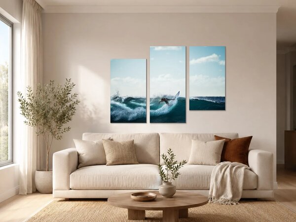 Surfař na tyrkysové vlně – Třídílný obraz C, 90 × 60 cm