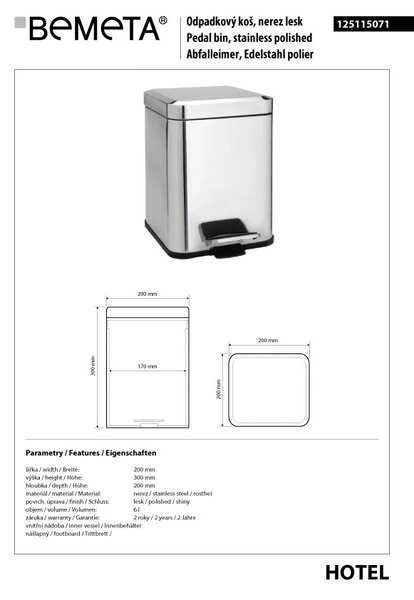 Bemeta Design Odpadkový koš, 6 l, nerez, lesk - 125115071