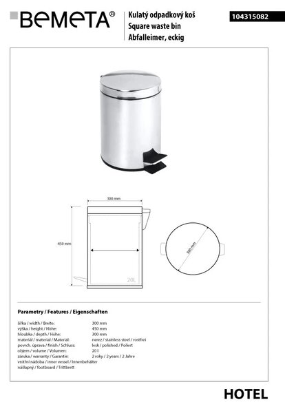 Bemeta Design Odpadkový koš, 20 l, nerez, lesk - 104315082