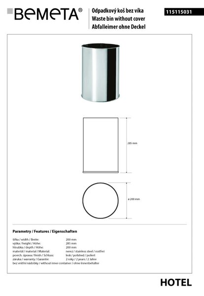 Bemeta Design Odpadkový koš, 9 l, nerez, lesk - 115115031