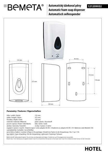 Bemeta Design Automatický dávkovač pěnového mýdla, 1000 ml, plast, bílý - 121209032
